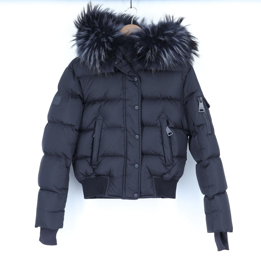 SAM. Skylar Bomber Jacket Matte Black Down Puffer Raccoon Trim Women's S